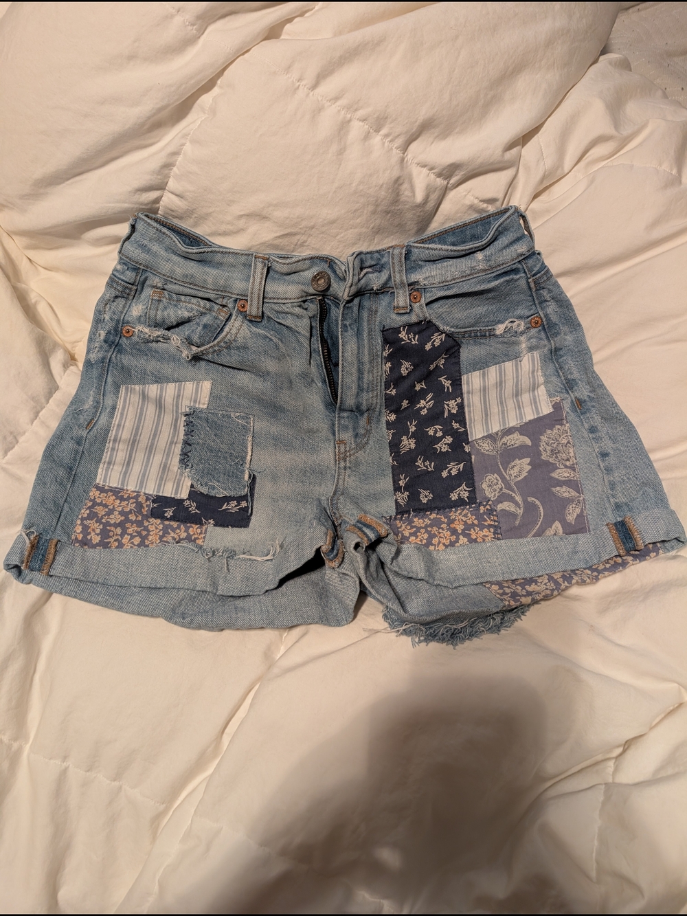 American Eagle Outfitters Light Blue Denim Patchwork Shorts